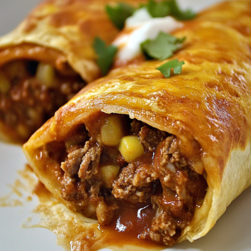 Close-up of crispy tortillas filled with beef and corn, covered in sauce and garnished with cilantro