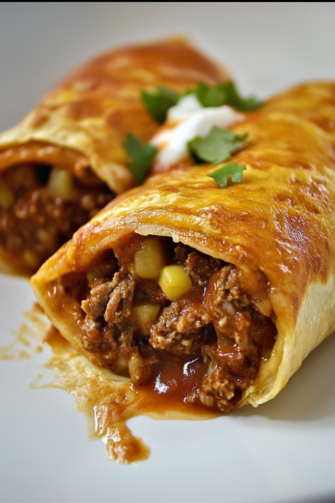 Close-up of crispy tortillas filled with beef and corn, covered in sauce and garnished with cilantro