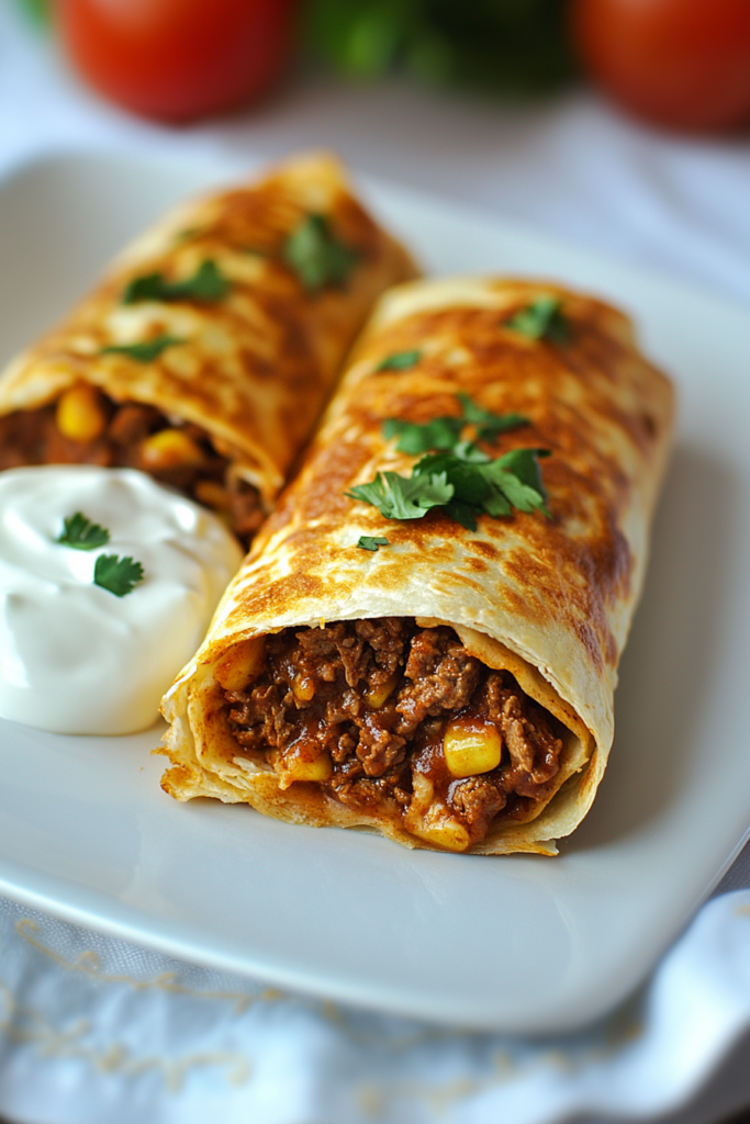 Final plated shot of Beef and Cheese Chimichangas, highlighting gooey cheese and savory filling