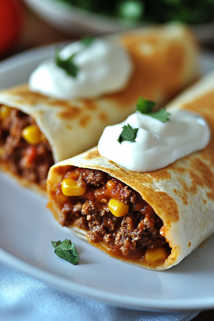 Two enchiladas-style wraps topped with melted cheese, rich sauce, and a dollop of sour cream