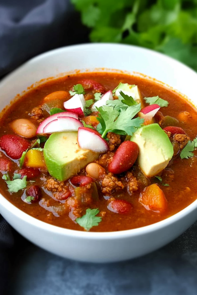 Rich and chunky chili bowl with ground meat, peppers, beans, and fresh toppings
