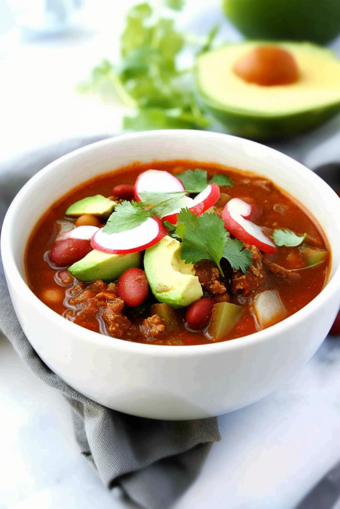 Thick tomato-based chili with ground beef, beans, and colorful vegetables in a white bowl