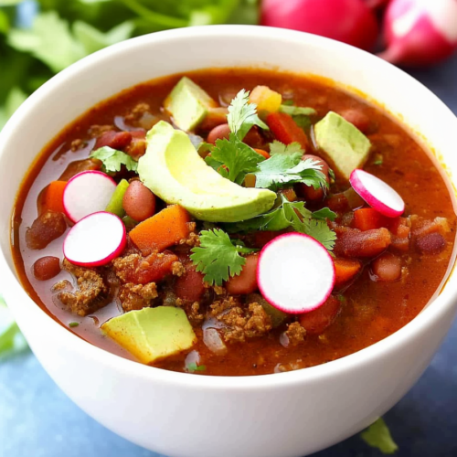 Warm homemade chili garnished with avocado chunks and fresh herbs