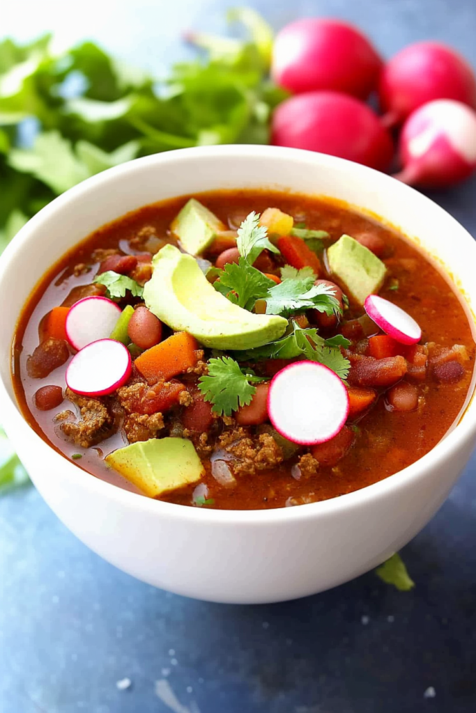 Warm homemade chili garnished with avocado chunks and fresh herbs