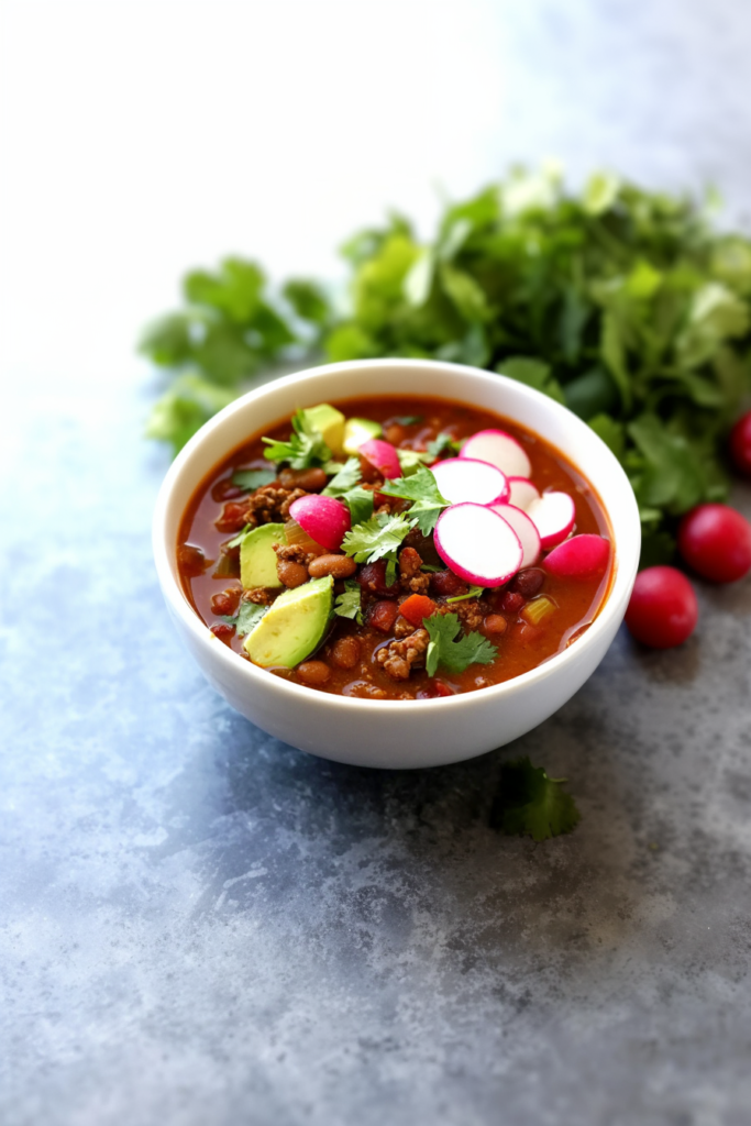 Hearty bowl of chili topped with avocado slices, radishes, and fresh cilantro