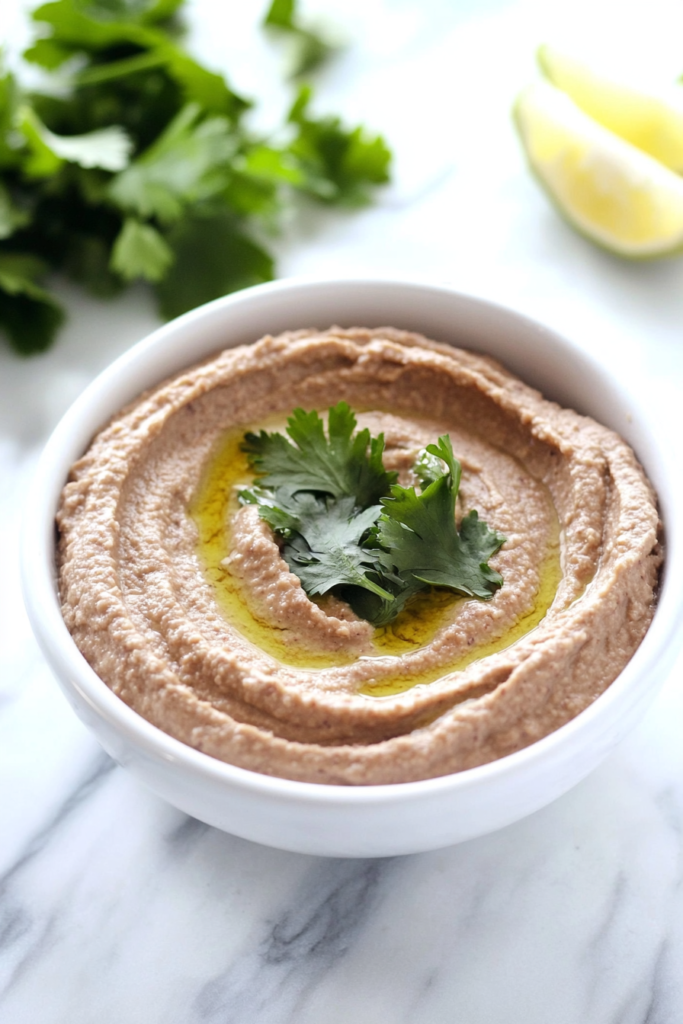 Creamy black bean hummus served in a bowl with olive oil and fresh cilantro on top