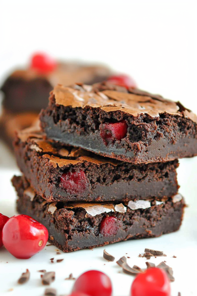 Final plated dessert showcasing dark chocolate layers accented by fresh cherries and curls of chocolate.