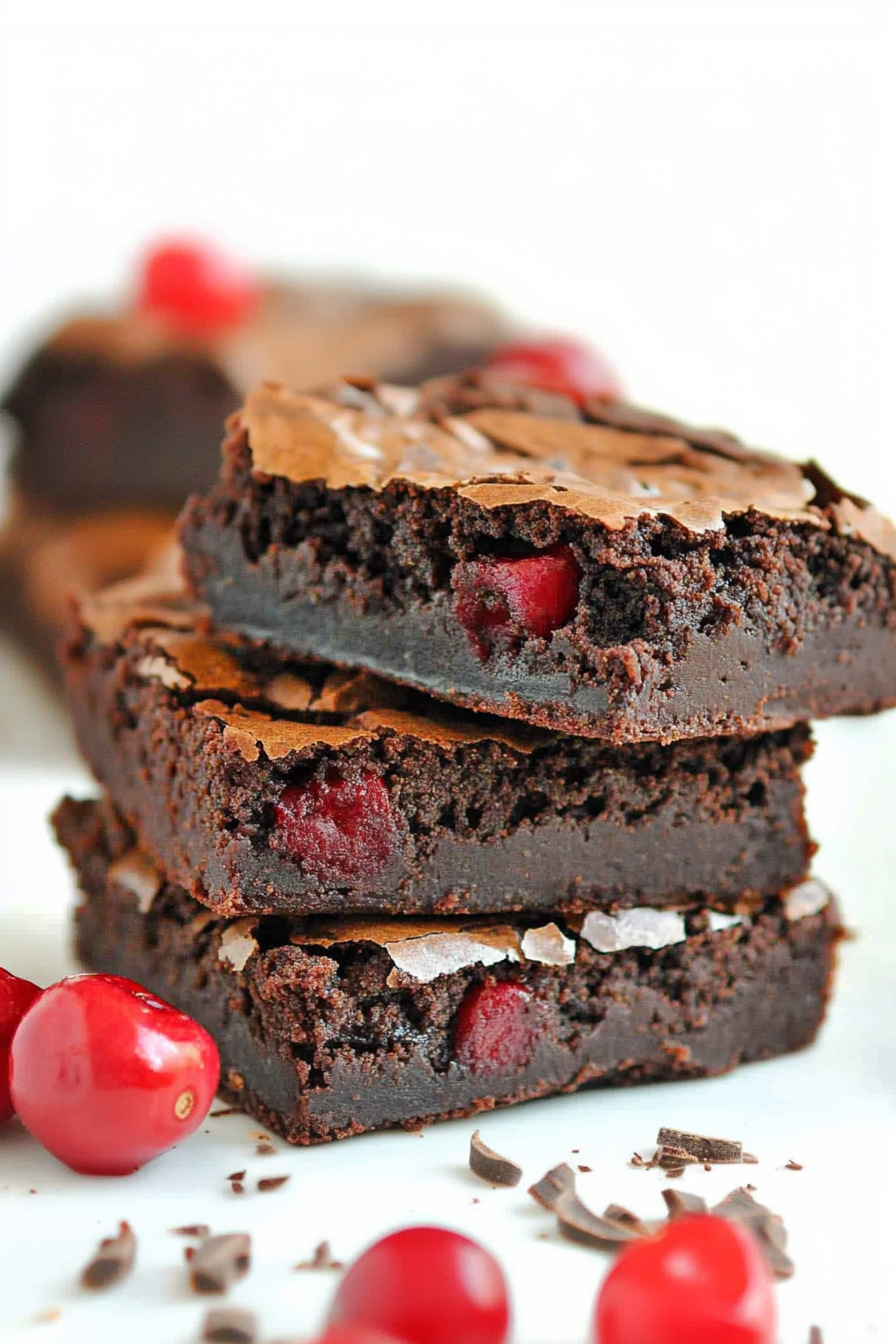 Final plated dessert showcasing dark chocolate layers accented by fresh cherries and curls of chocolate.
