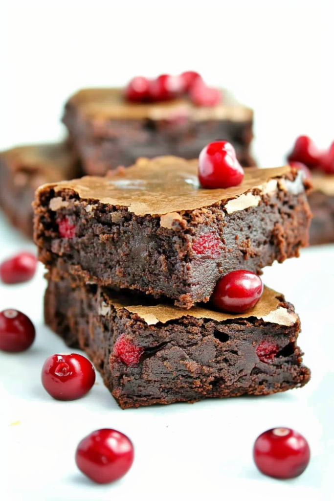 Elegant presentation of brownies on a white plate, with cherries adding a pop of color and sweetness.