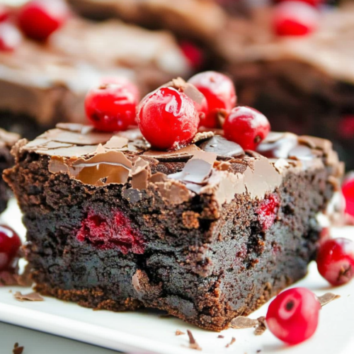 Close-up of a rich chocolate brownie topped with glossy cherries and delicate chocolate shavings.