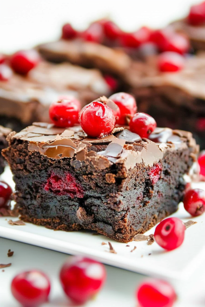 Close-up of a rich chocolate brownie topped with glossy cherries and delicate chocolate shavings.