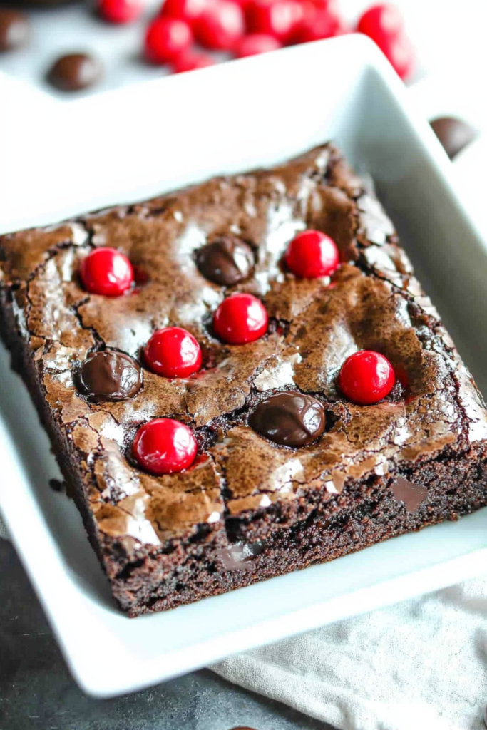Moist, dense brownie slice with bright red cherries scattered on top for contrast and flavor.