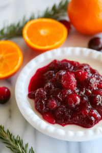 Rich, glossy cranberry sauce highlighting the contrast of vibrant red fruit and fresh citrus.