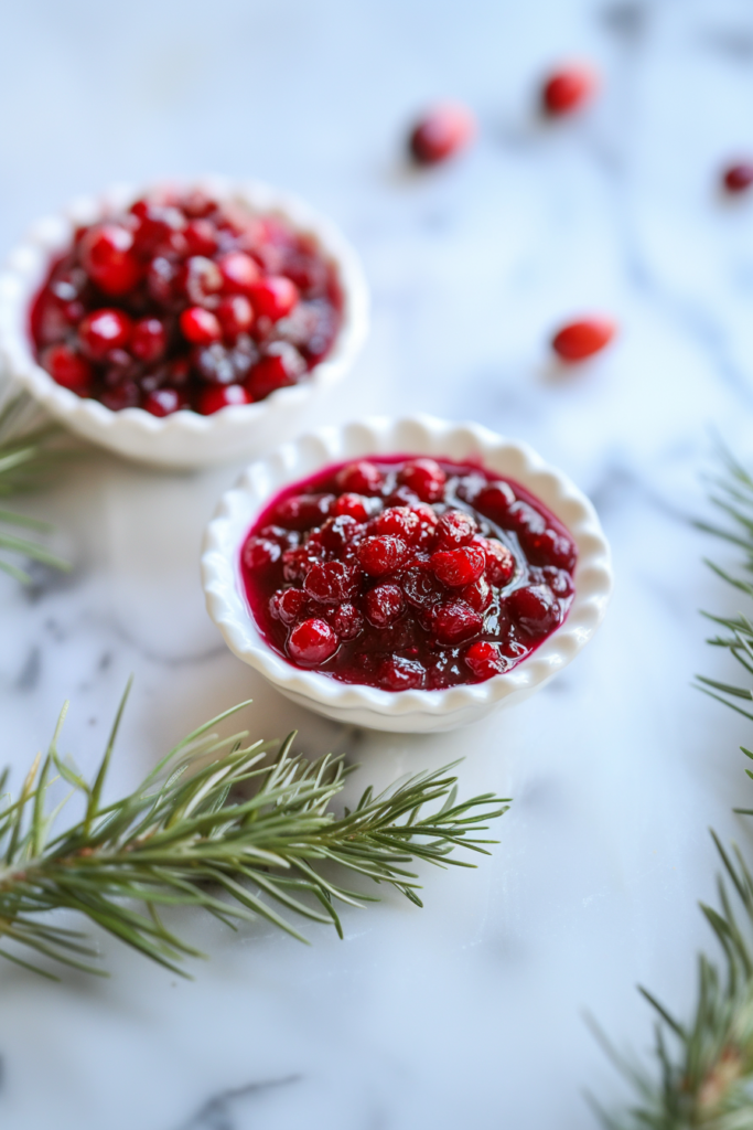 White bowl filled with glossy cranberry sauce, garnished with a sprig of rosemary.