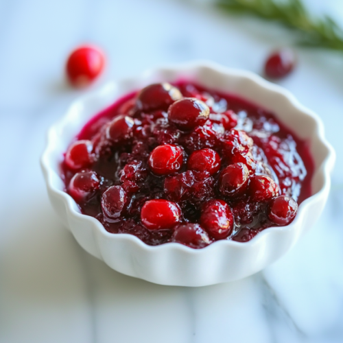 Festive serving bowl of deep red cranberry sauce, surrounded by scattered berries and herbs.