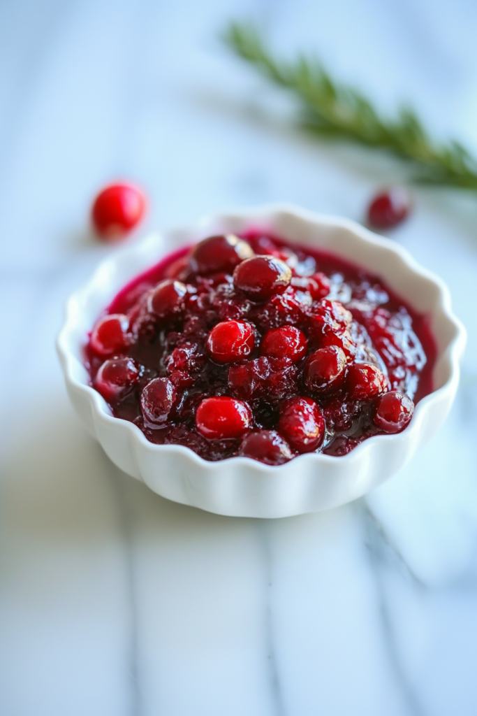 Festive serving bowl of deep red cranberry sauce, surrounded by scattered berries and herbs.