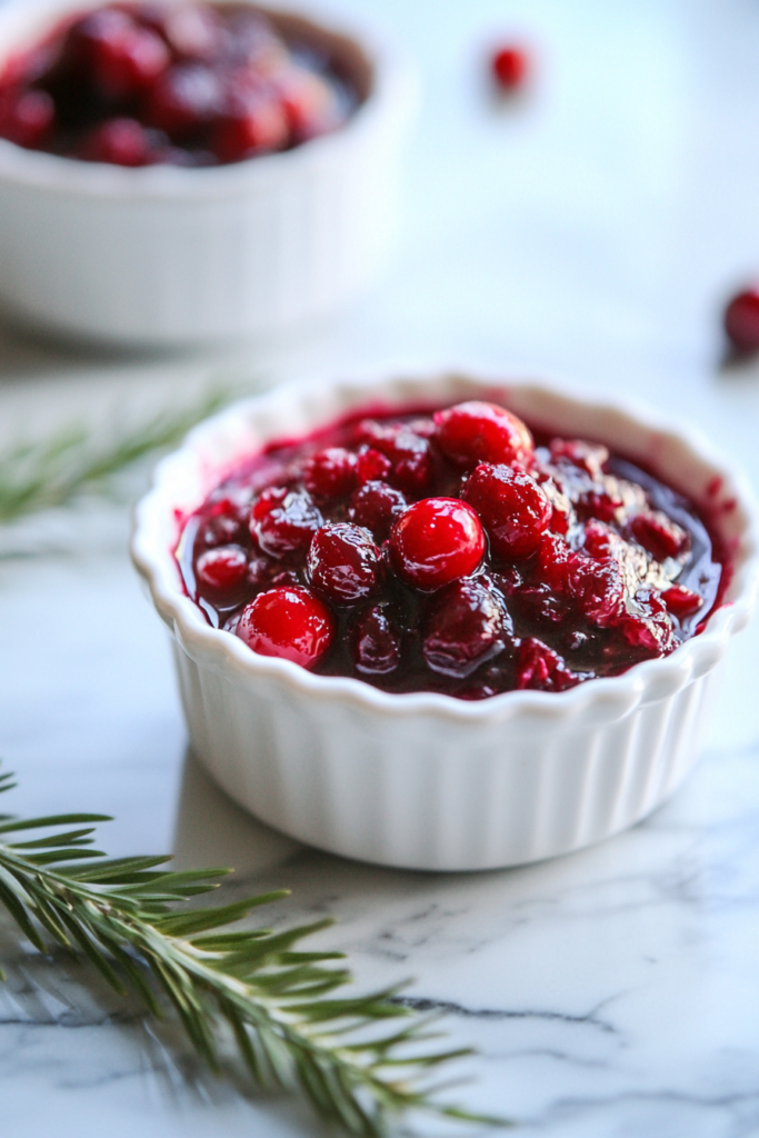 Elegant presentation of cranberry sauce in a scalloped dish, accented by fresh rosemary and loose cranberries.