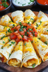 Golden-brown rolled tortillas arranged in a circle, topped with melted cheese and fresh herbs