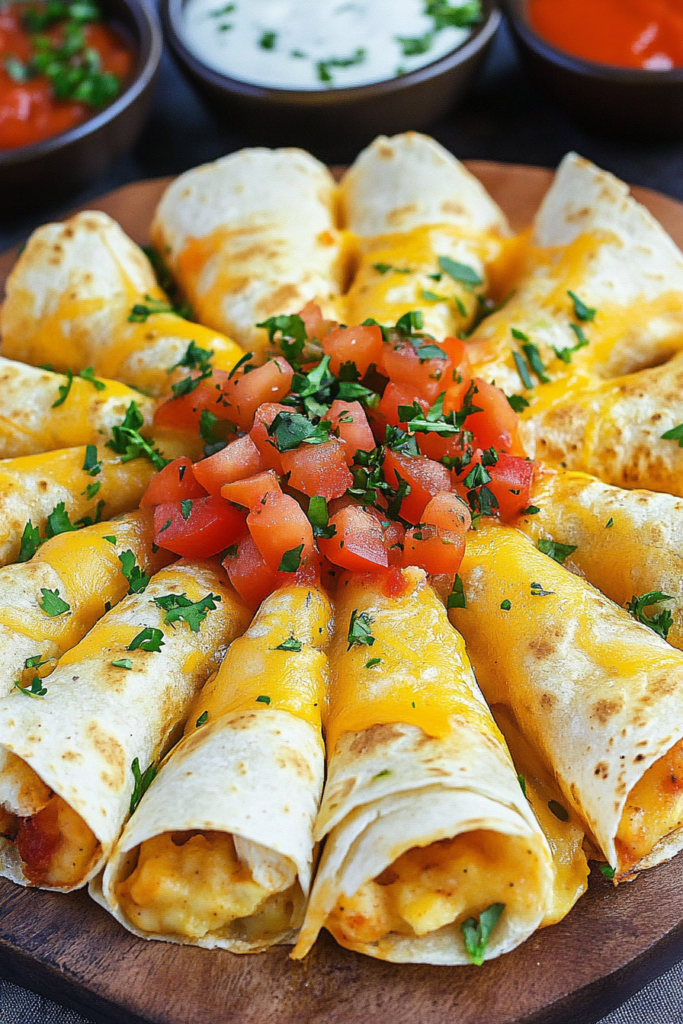 Golden-brown rolled tortillas arranged in a circle, topped with melted cheese and fresh herbs