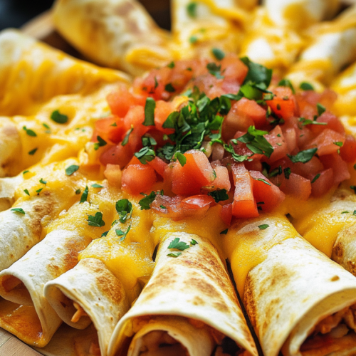 Close-up of cheesy tortilla rolls with colorful toppings, served on a wooden platter