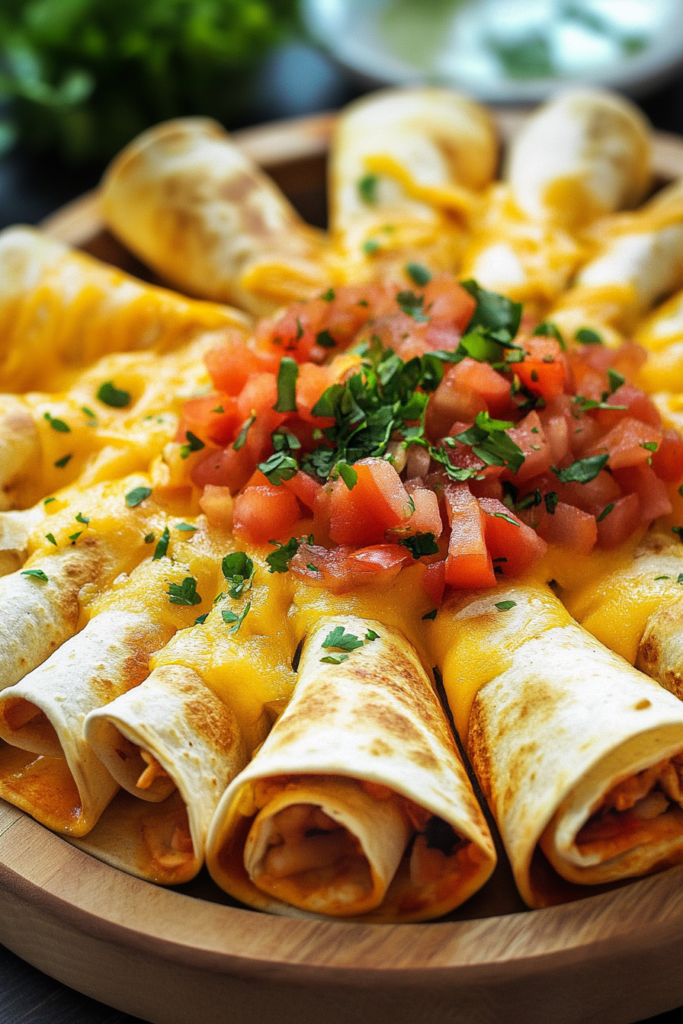 Close-up of cheesy tortilla rolls with colorful toppings, served on a wooden platter