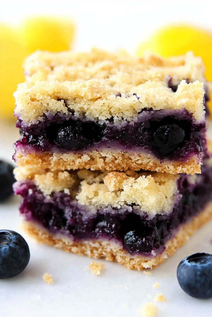 Homemade crumbly dessert with fresh blueberries scattered nearby on a white surface.