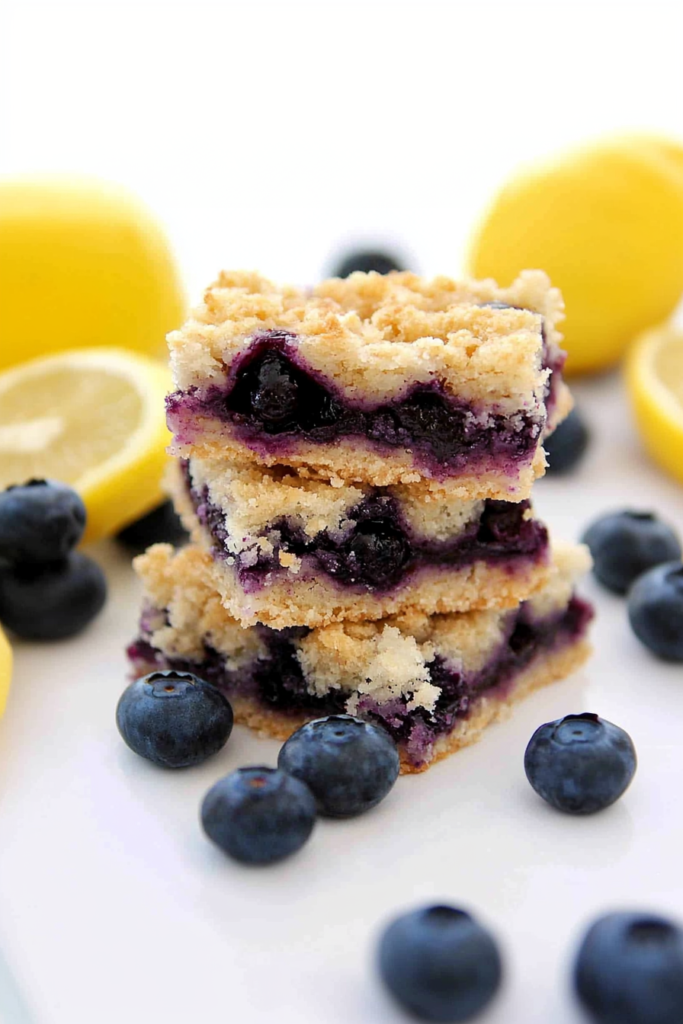 Stacked crumb bars with golden crust and vibrant blueberry filling.