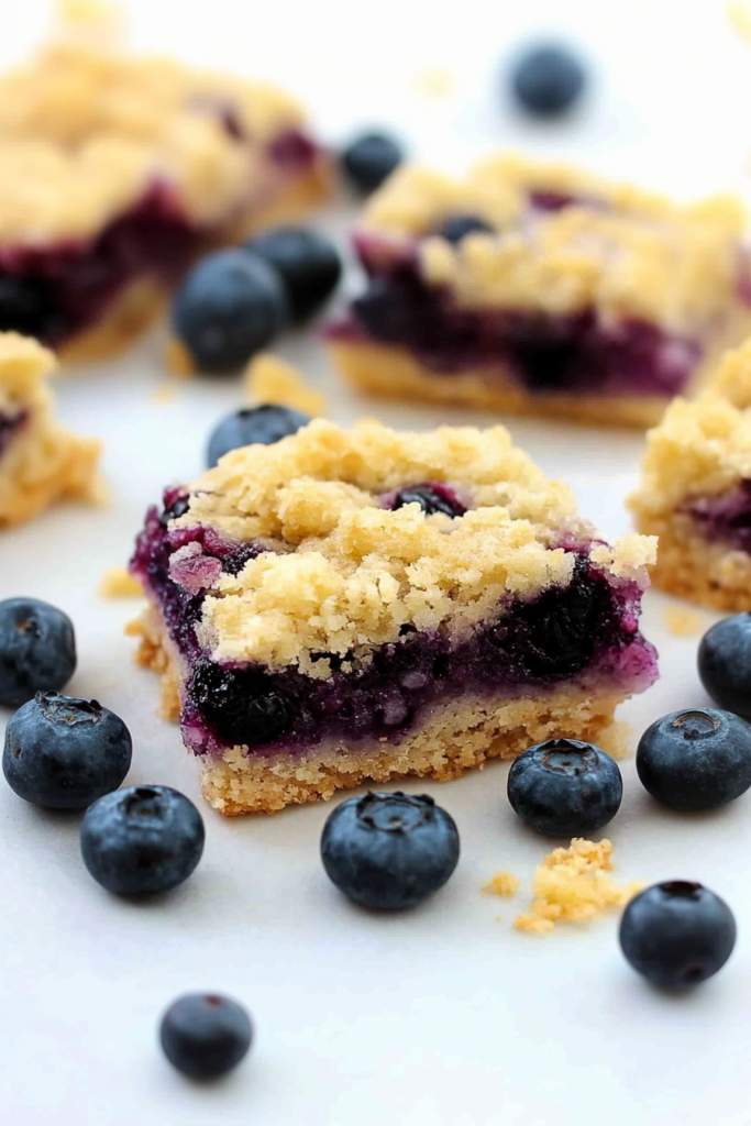 Final plated portion of blueberry bars highlighting the contrast between crust and filling.