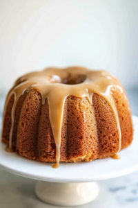 Final plated cake showcasing its golden crumb and thick streams of caramel glaze.