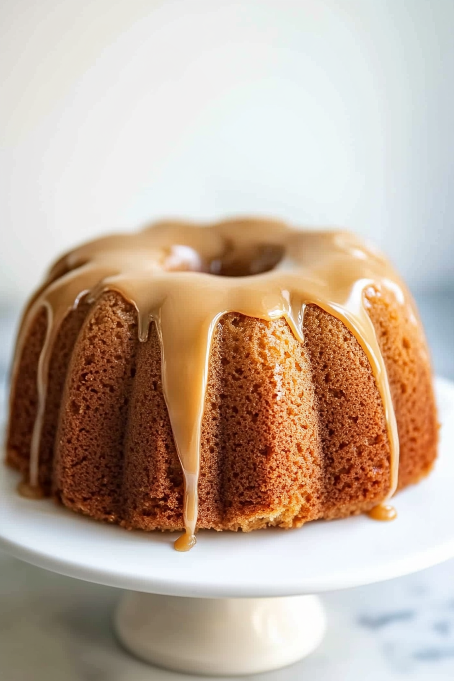 Final plated cake showcasing its golden crumb and thick streams of caramel glaze.