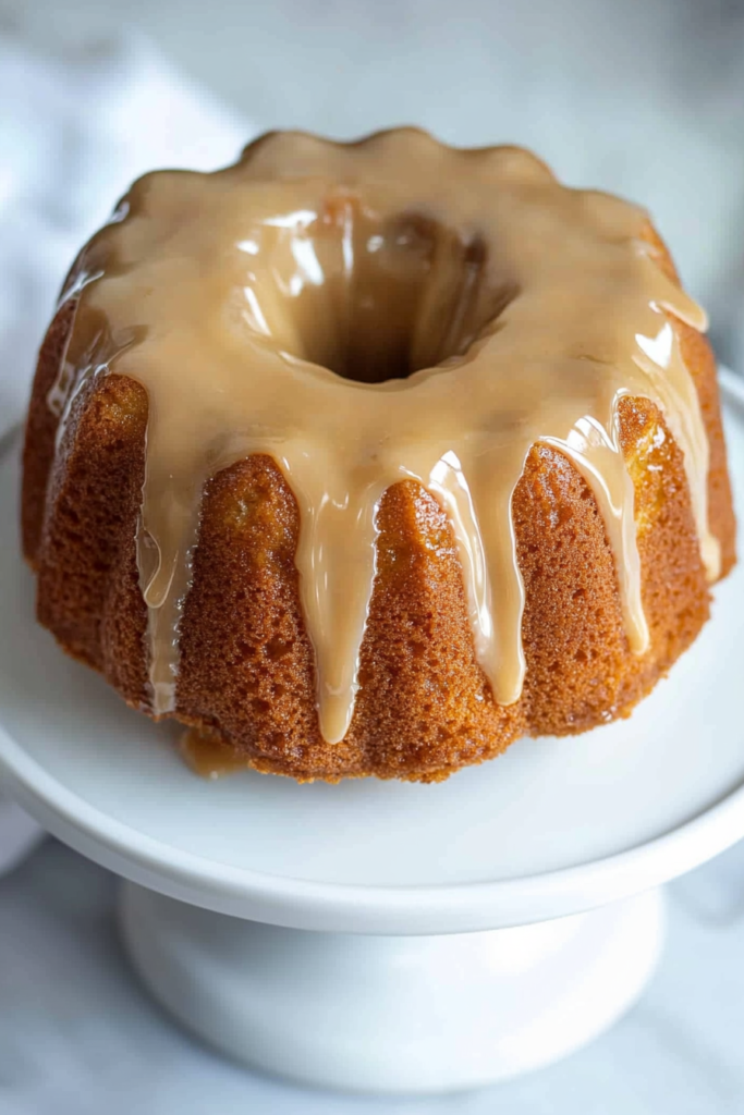 Overhead view of a bundt cake finished with shiny caramel glaze for a rustic presentation.