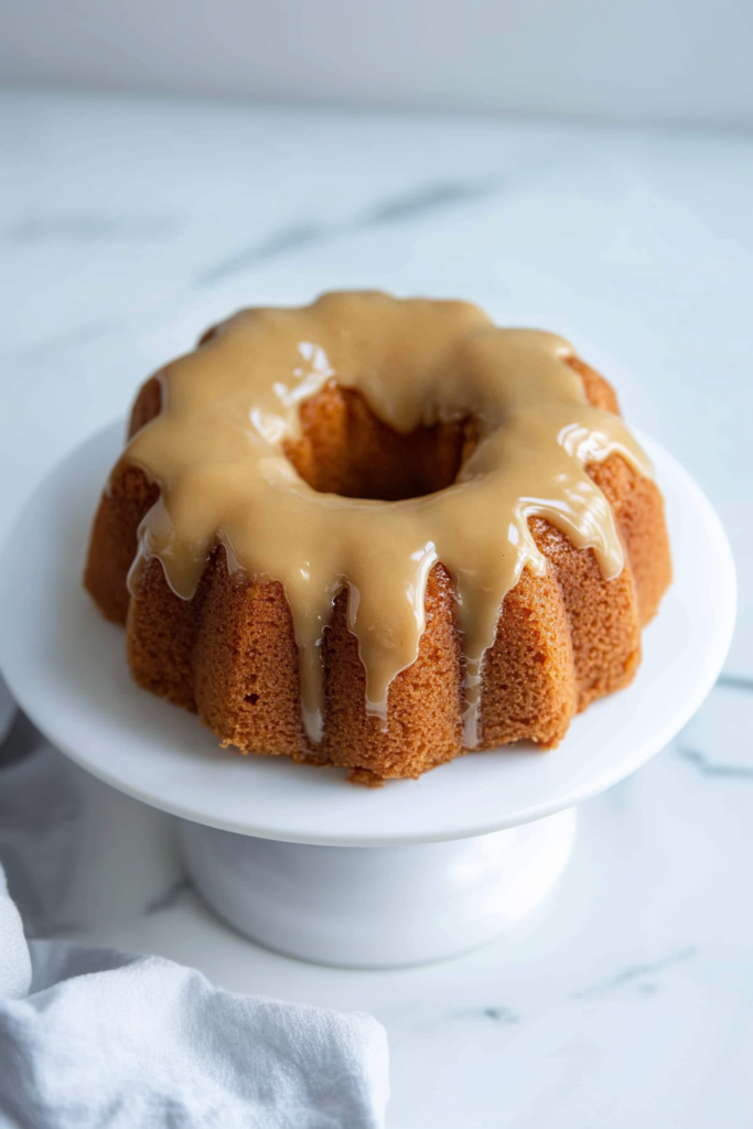 Golden bundt-style cake drizzled with glossy caramel glaze on a white cake stand.