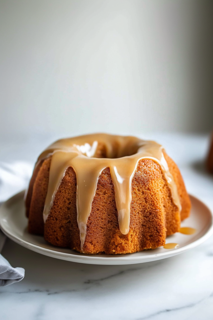 Freshly baked dessert with a smooth caramel coating, highlighting the cakeโs golden texture.