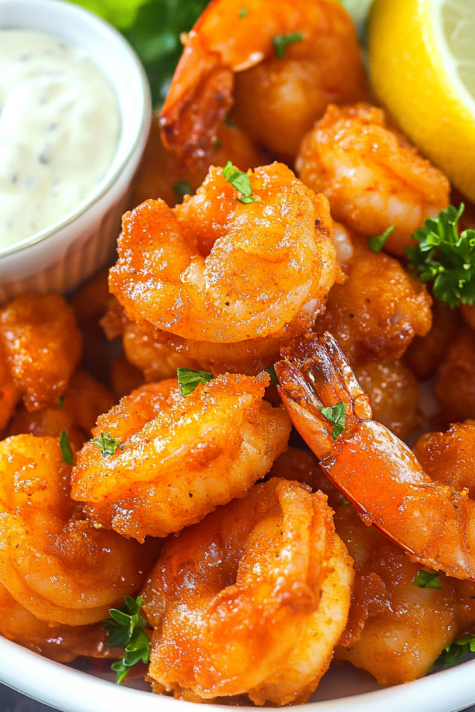 Appetizer presentation of shrimp with creamy dip and citrus garnish on the side.