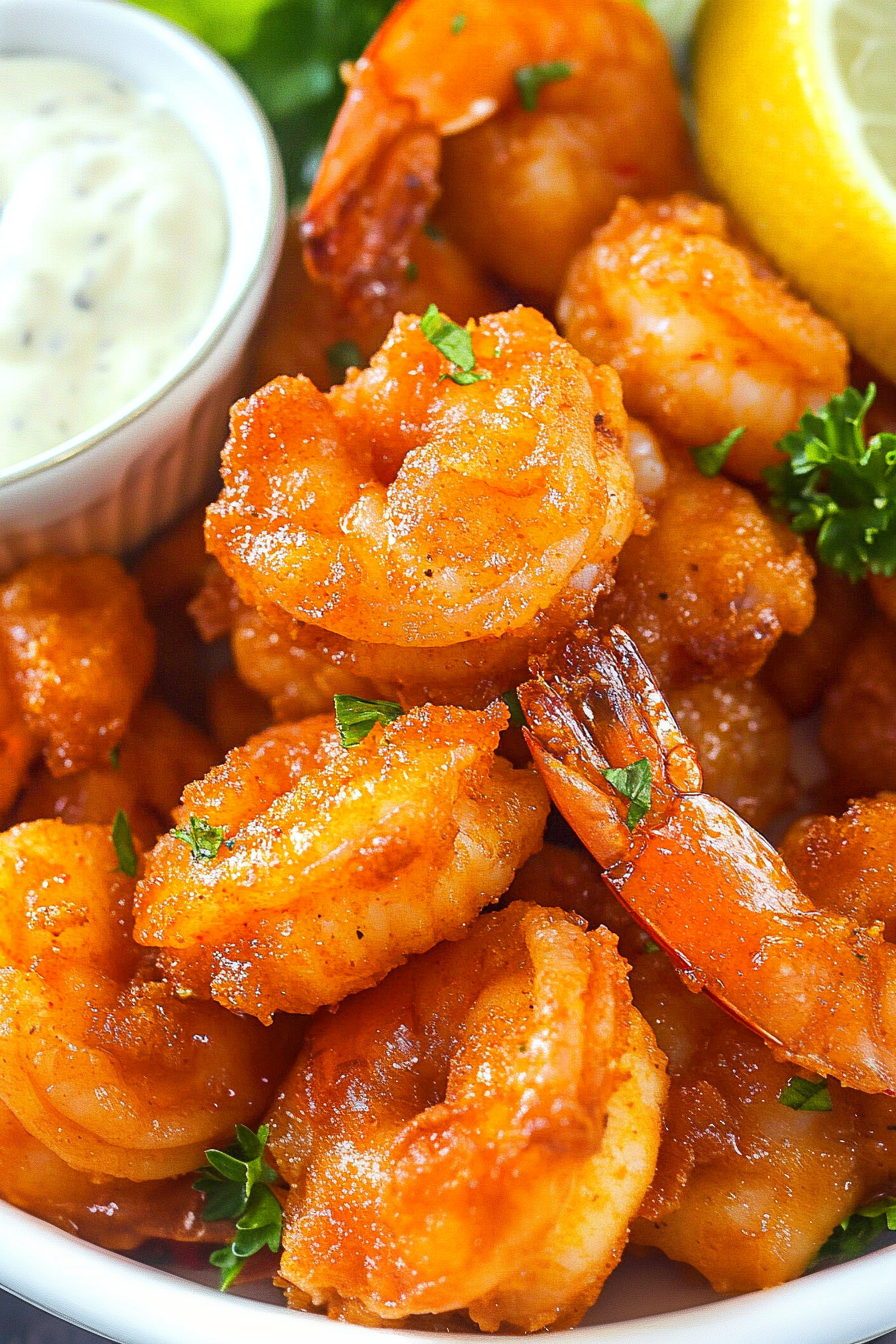 Appetizer presentation of shrimp with creamy dip and citrus garnish on the side.