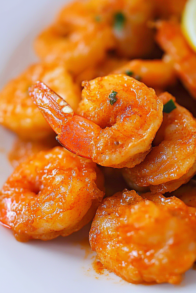 Close-up of seasoned shrimp coated in glossy sauce, garnished with fresh parsley.