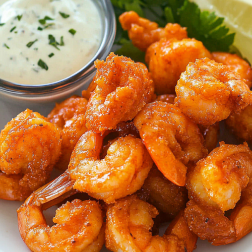 Crispy golden shrimp served in a white bowl with dipping sauce and lemon wedge.