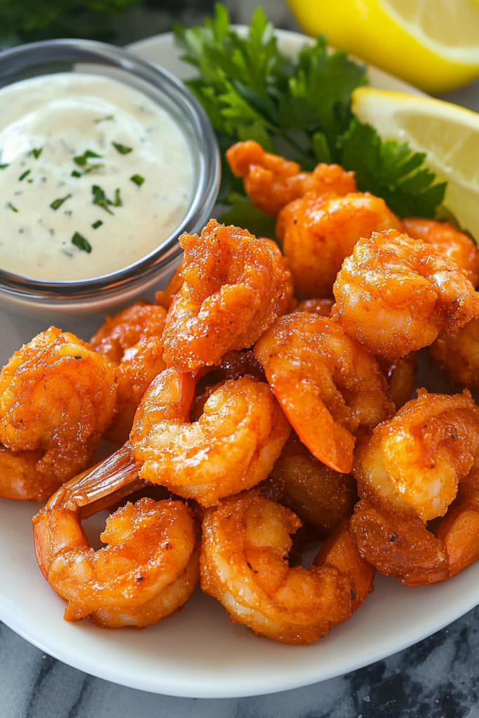 Crispy golden shrimp served in a white bowl with dipping sauce and lemon wedge.