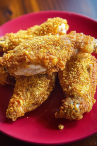 Comfort food presentation of fried chicken showcasing rich color contrast between crust and plate.