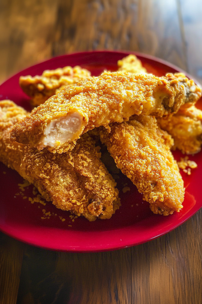 Red plate filled with golden-brown fried chicken pieces showing a crisp, textured coating.