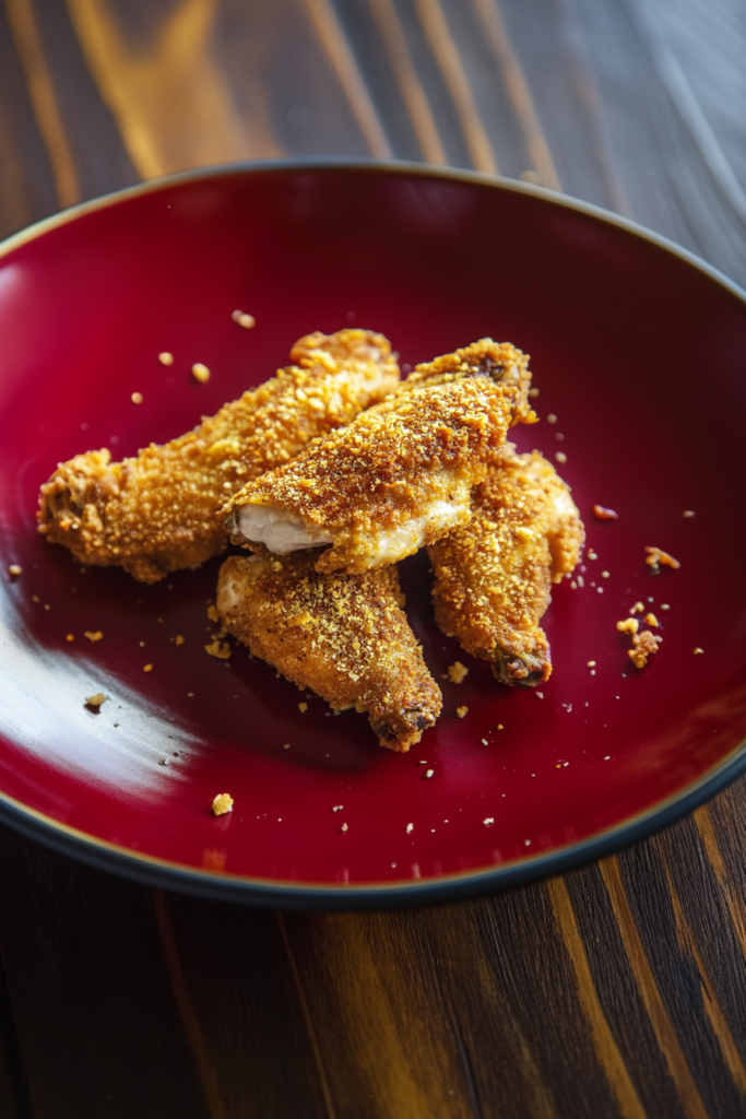 Freshly fried chicken pieces stacked together, with light catching the crunchy surface.