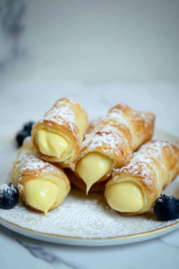 Crisp, golden dessert rolls with a rich cream center and a dusting of powdered sugar