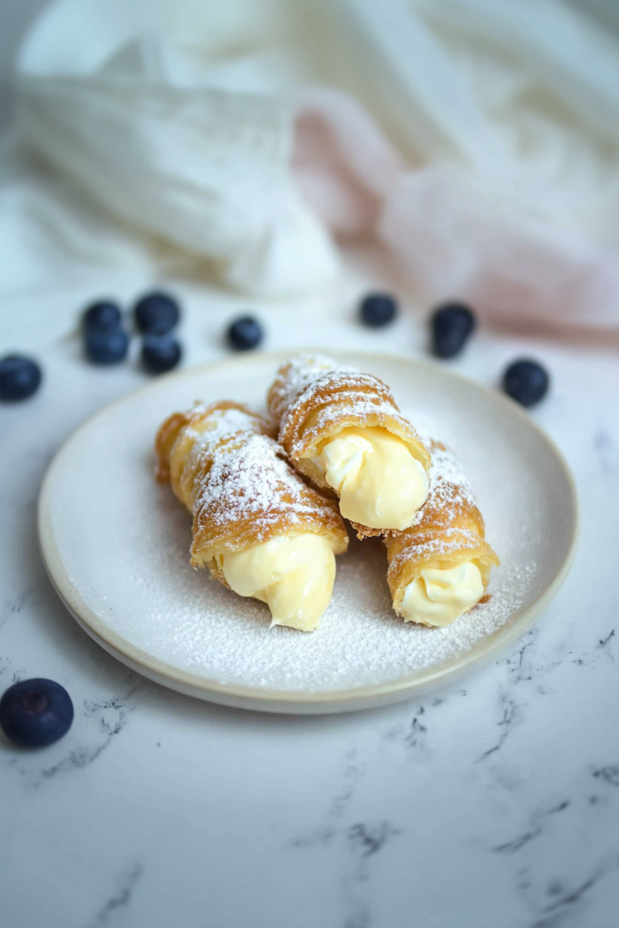 Sweet cream-filled pastries with a flaky texture, plated with fresh berries for garnish