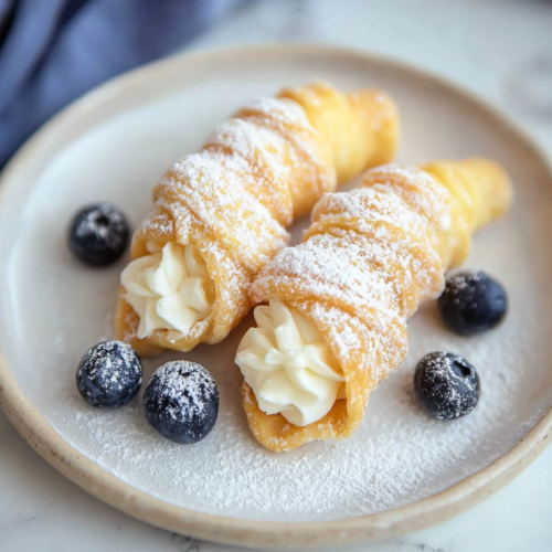 Delicate Italian-style pastry shells stuffed with creamy filling and garnished with blueberries