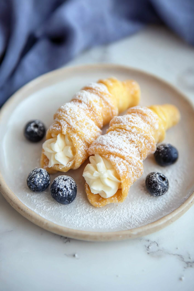 Delicate Italian-style pastry shells stuffed with creamy filling and garnished with blueberries