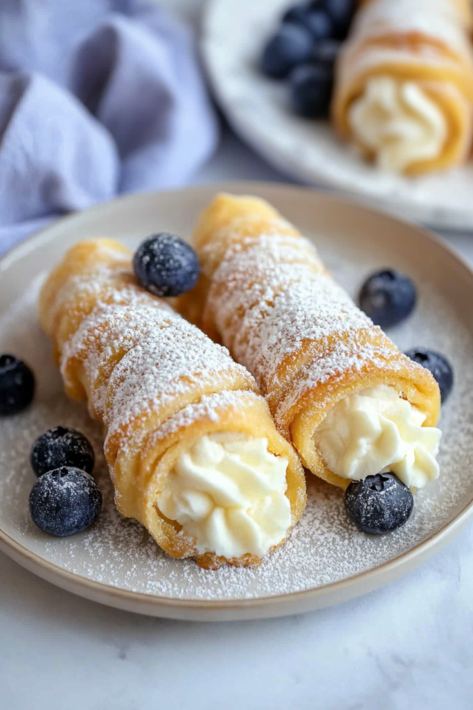 Golden, flaky pastry horns filled with smooth cream and dusted with powdered sugar, served with fresh blueberries