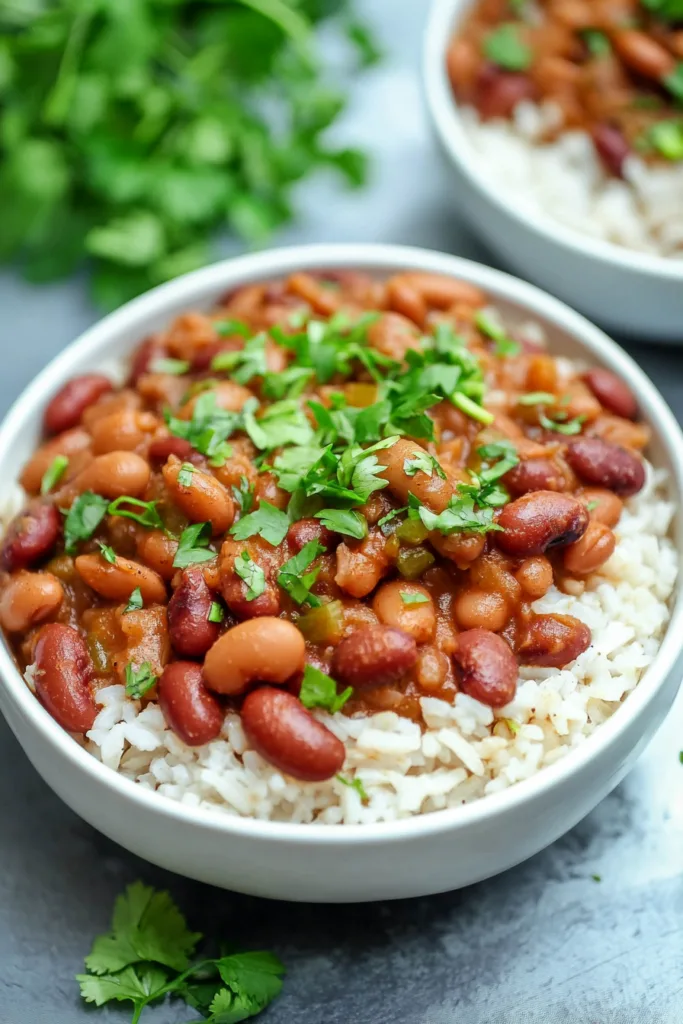 Hearty beans and rice topped with chopped parsley in a white bowl