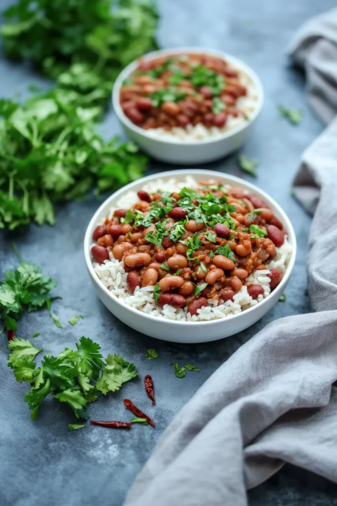 Comforting bowl of rice topped with seasoned beans and herbs