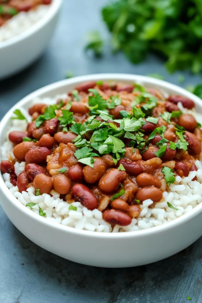 Homemade beans and rice dish garnished with fresh green herbs