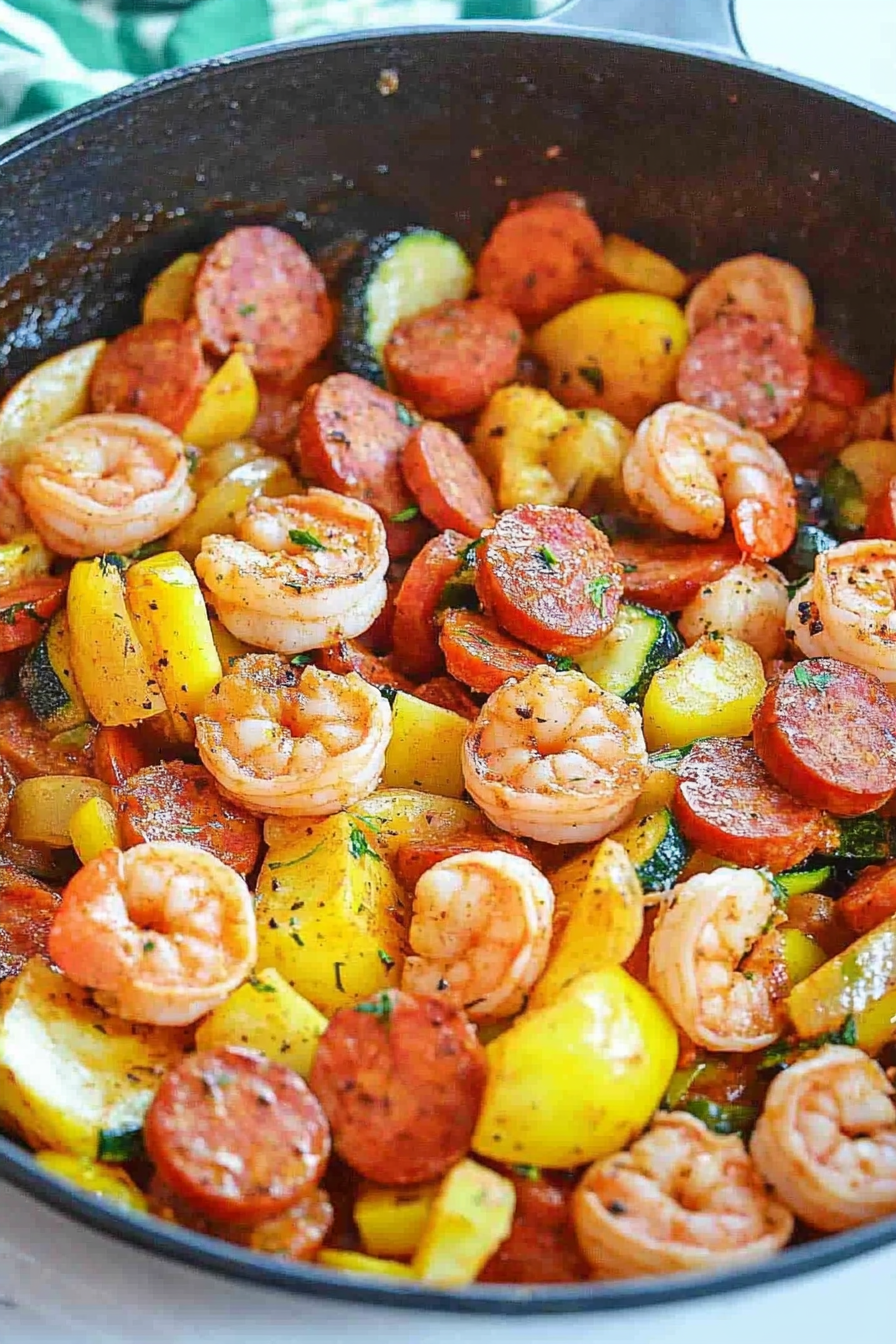 Overhead view of skillet meal highlighting vibrant colors and rustic presentation.